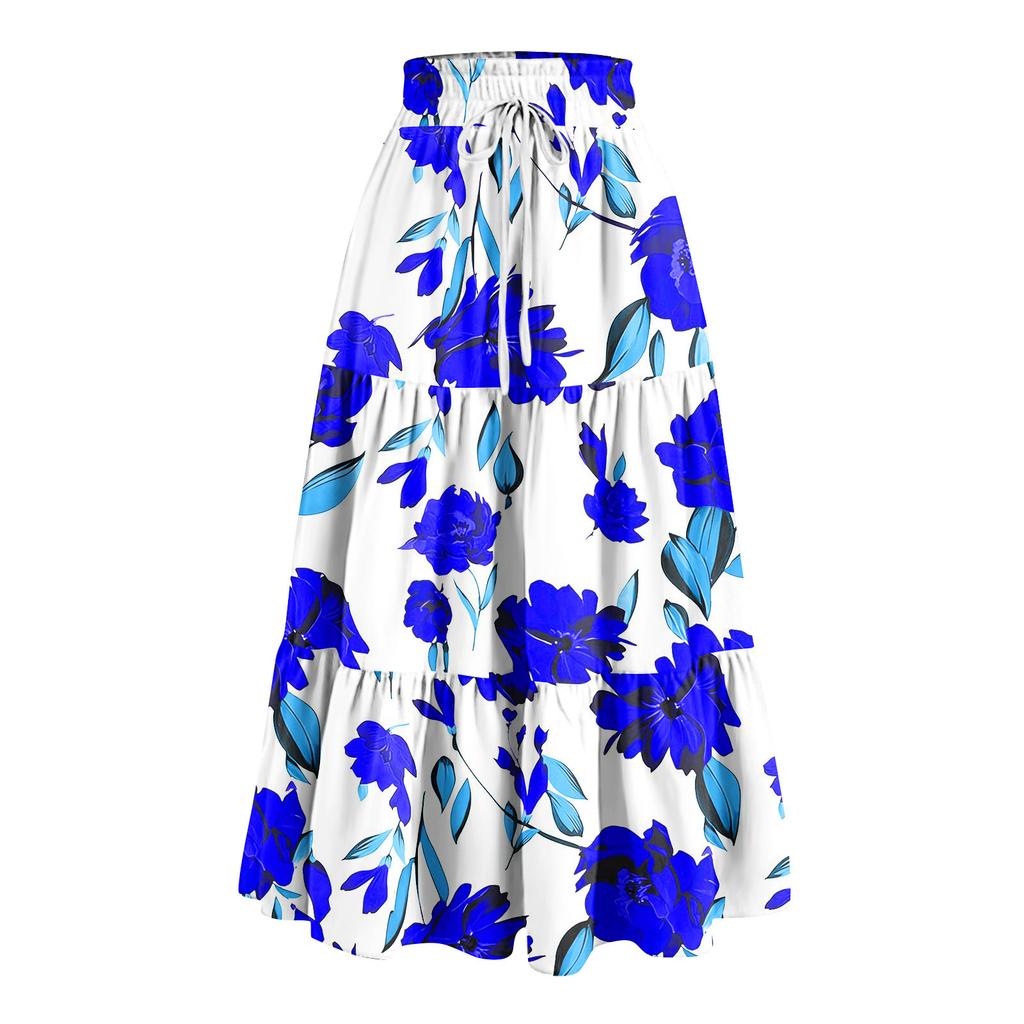 Gonna Lunga Casual Primaverile da Donna con Volant Gonna Tinta Unita Gonna Retro Pieghettata