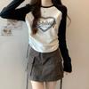 Korean Round Neck Printed Long-sleeved Color-blocked Raglan T-shirt for Women Spring and Autumn New Style Drawstring Waist Short Hot Girl Top Trendy