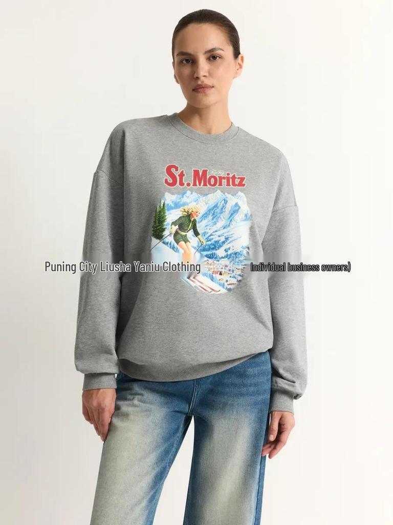 European Vintage Printed Sweatshirt - Autumn/Winter Casual Loose Fit, Round Neck.