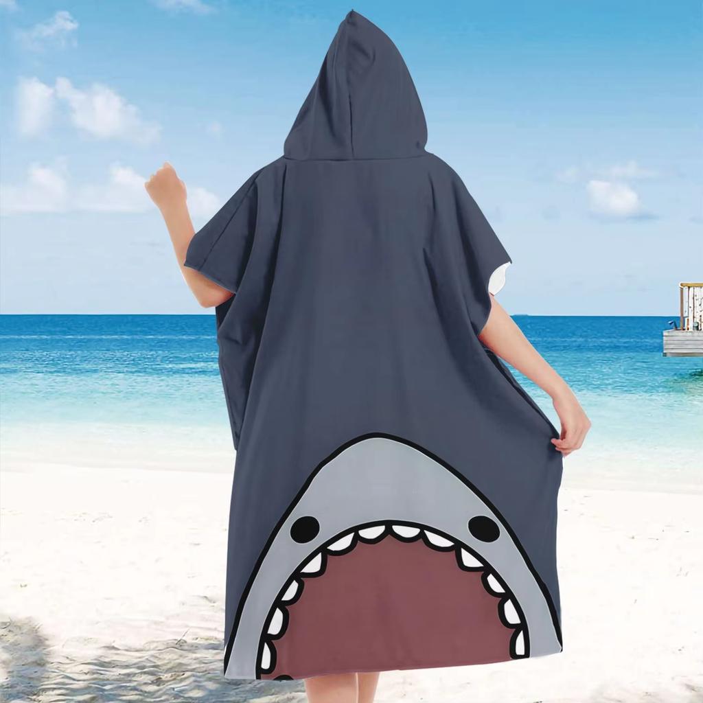 Funny Shark Flat Print Hooded Beach Towel Quick Dry Surf Poncho Changing Robe for Women Adult Swimming Travel Pool Bath Mat