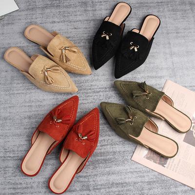 Fashion 2025 Plus Size Tassel Mules Slides Woman Pointed Toe Flock Slippers Ladies Flats Sandals Slip On Pantuflas Shoes Femme Flipflops