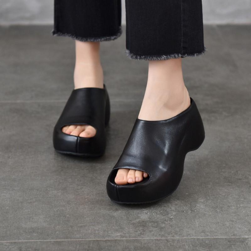 Johnature Genuine Leather Lightweight Thick Soled Peep Toe Slippers Versatile Wedge Heel Women's Slip-on Shoes