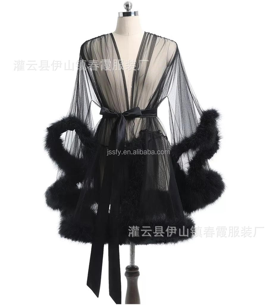 Sexy transparent mesh robe, bathrobe, nightgown, perspective loungewear, fluffy splicing sleeves, medium and long coat.