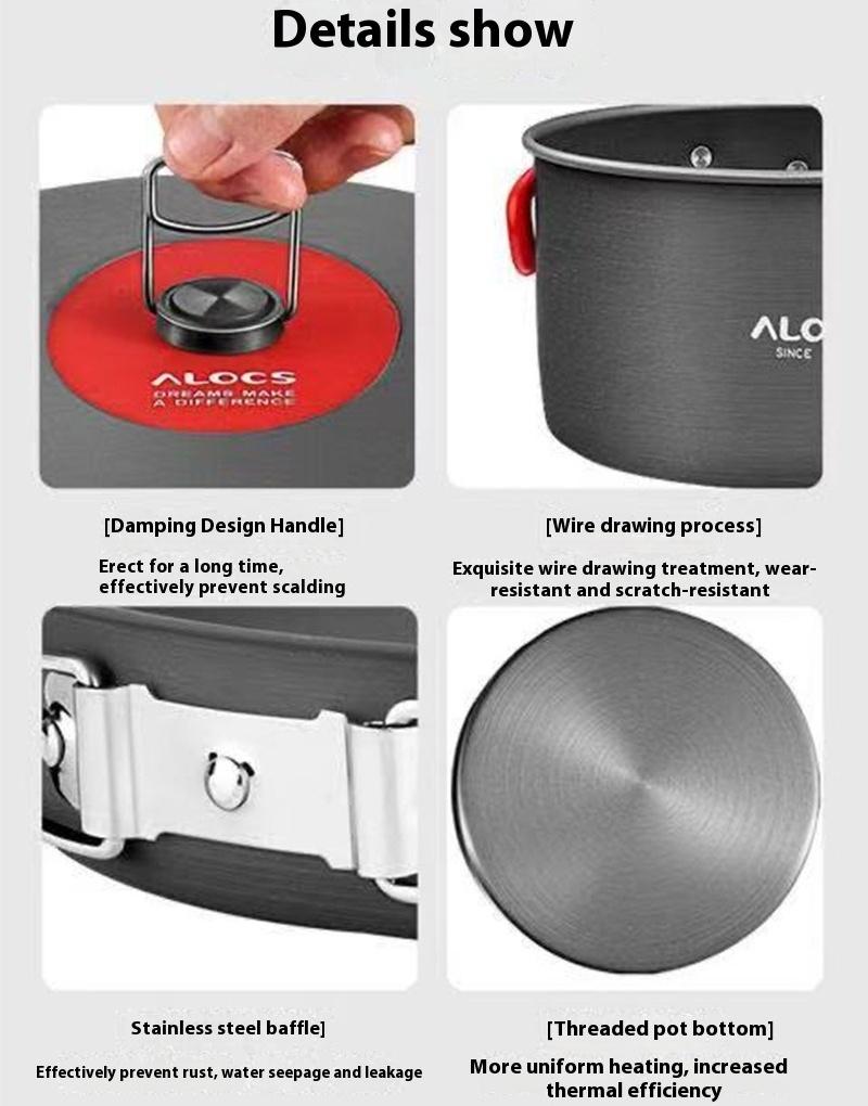 ALOCS Outdoor-Camping 4-in-1-Camping-Kochgeschirr – Topf mit Gewindeboden, ineinander stapelbares Design, Familiencamping (2,2 l + 1,4) L Topf + Bratpfanne + Wasserkocher