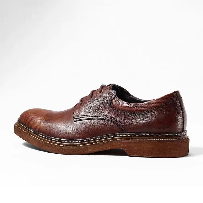 Brand Mens Oxfords Shoes Handmade Cowhide Leather Round Head Lace Up Business Formal Dress Shoes Non-Slip Rubber Soled Men Flats