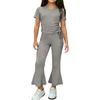 Girls Two Piece Outfit Short Sleeve Drawstring Top with Side Ruching and Flared Capri Pants Set Casual Wear for Kids