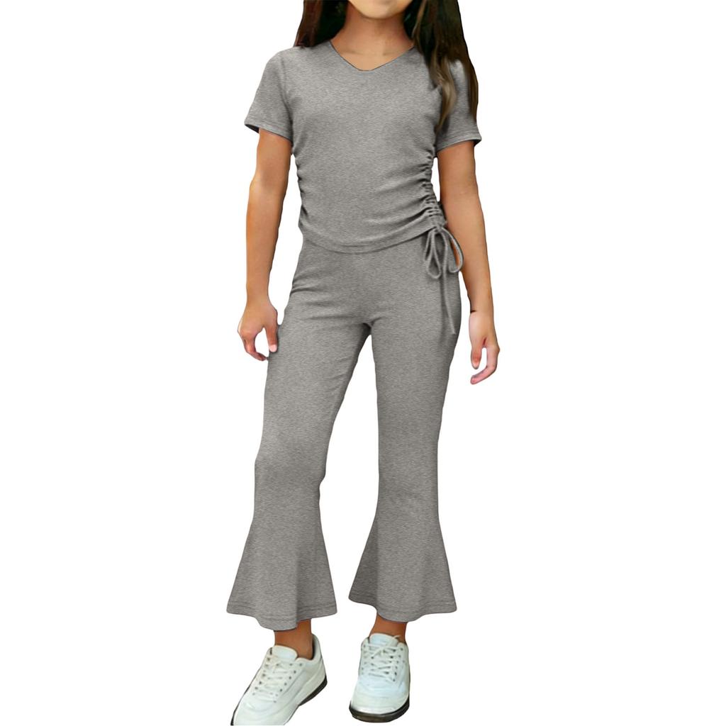 Girls Two Piece Outfit Short Sleeve Drawstring Top with Side Ruching and Flared Capri Pants Set Casual Wear for Kids