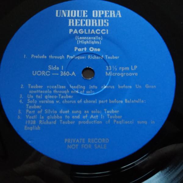 LP Record RUGGIERO LEONCAVALLO Pagliacci Highlights UORC360 Unique Opera Re 1977 Germany Classical Used