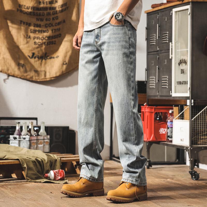 Мужские светло-голубые потертые прямые джинсы свободного кроя JIELEINUO 33 (for 150-160 jin)