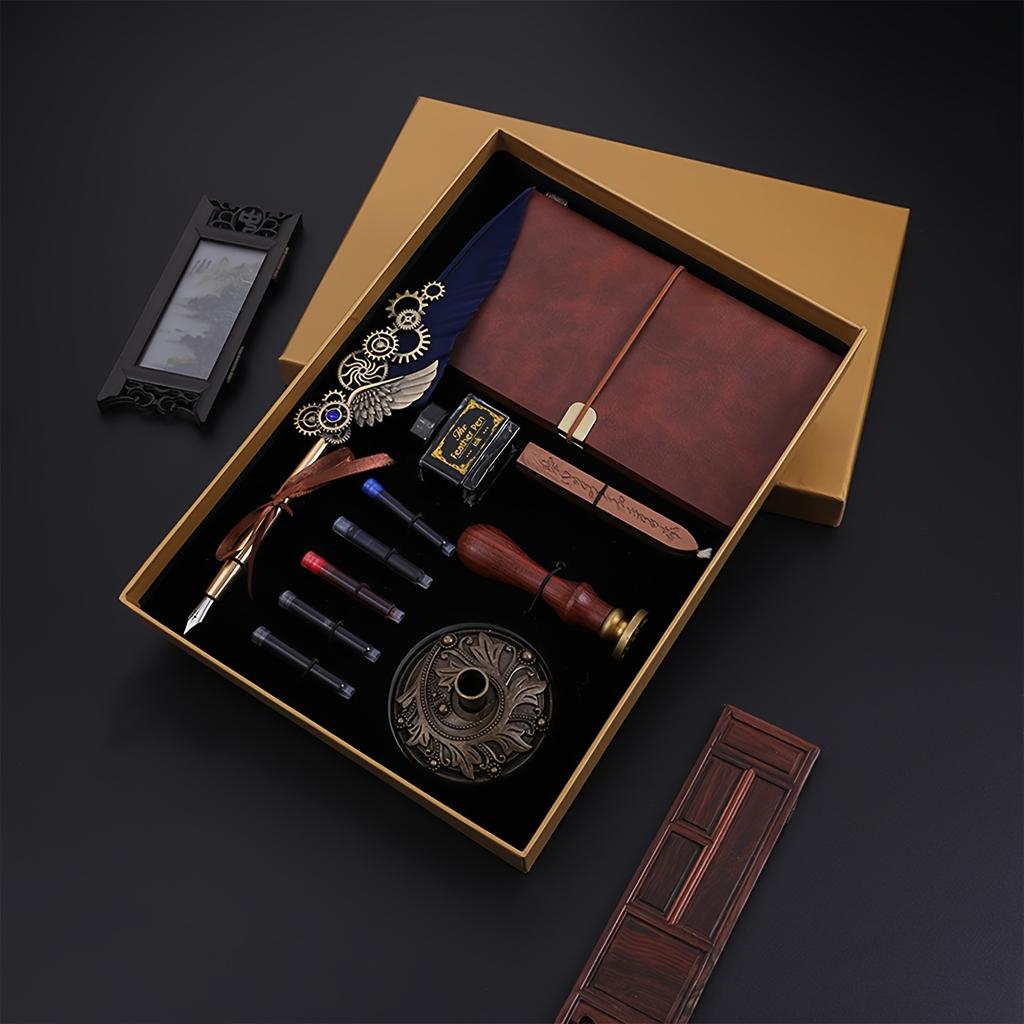 Retro Tüy Kalem Mürekkep Hediye Kutusu Seti, Defter ve Mühür Mumu ile, Ofis Yazımı/Babalar Günü/Okul Dönemi/doğum Günü/Hediye İçin Uygundur