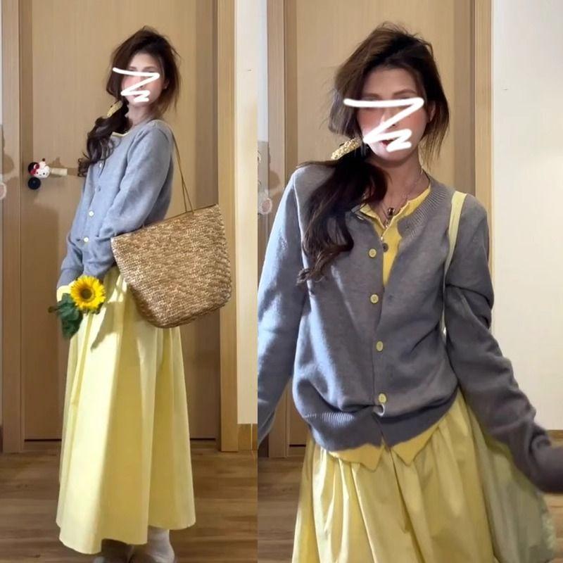 

Высококачественный желтый трикотажный свитер-кардиган, имитирующий двойку, женская верхняя одежда, новинка ранней весны 2025, супергорячий весенний кардиган Gray spell yellow S(Suggested 37.50 kg-47.50 kg)