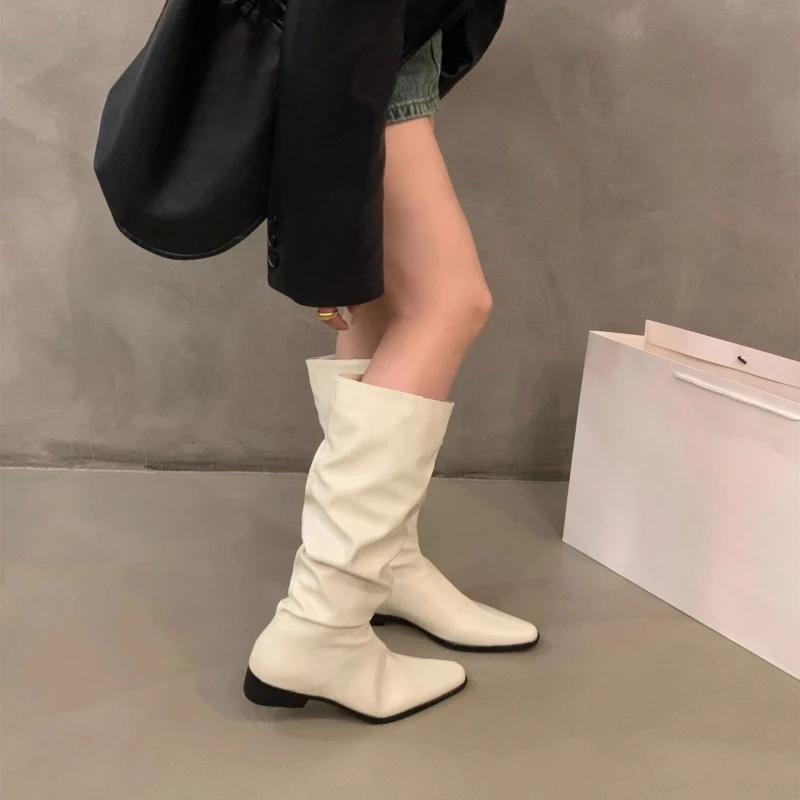 Fashion Spring and Autumn New Thick Heel Fold Pile Long Knight Boots Pointed Low Heels Casual Elegant Temperament Sleeve Slim Boots