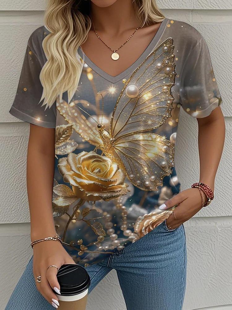 3D Butterfly Printed Short Sleeve T-shirt Korean Style Women's Clothes 2024 V-neck Short Sleeves Tees Shirt Loose Casual Blouses