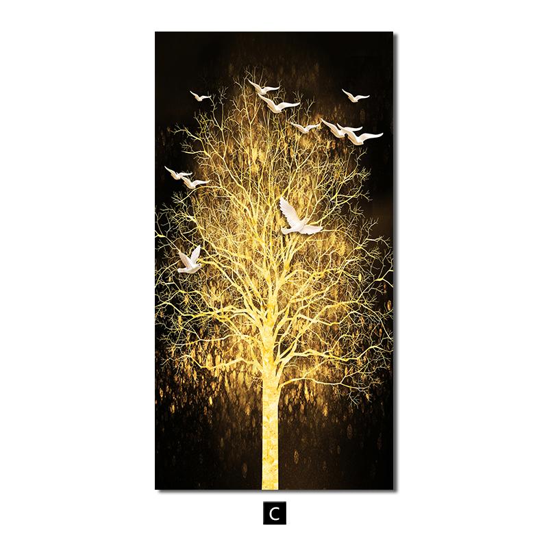 Golden Luxury Landscape Canvas Poster Tree Deer Birds Wall Art Painting Nordic Print Decorative Picture Living Room Home Decor