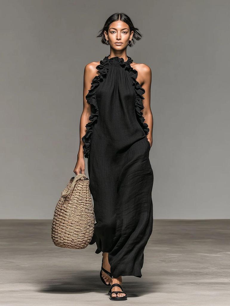 European Resort Ruffle Halter Sleeveless Long Summer Dress - Women's Slimming Style