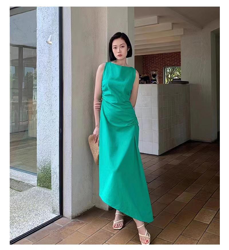 CO*S Women's Retro Irregular Sleeveless Long Skirt - 2025 Spring/Summer Slim Pleated Dress