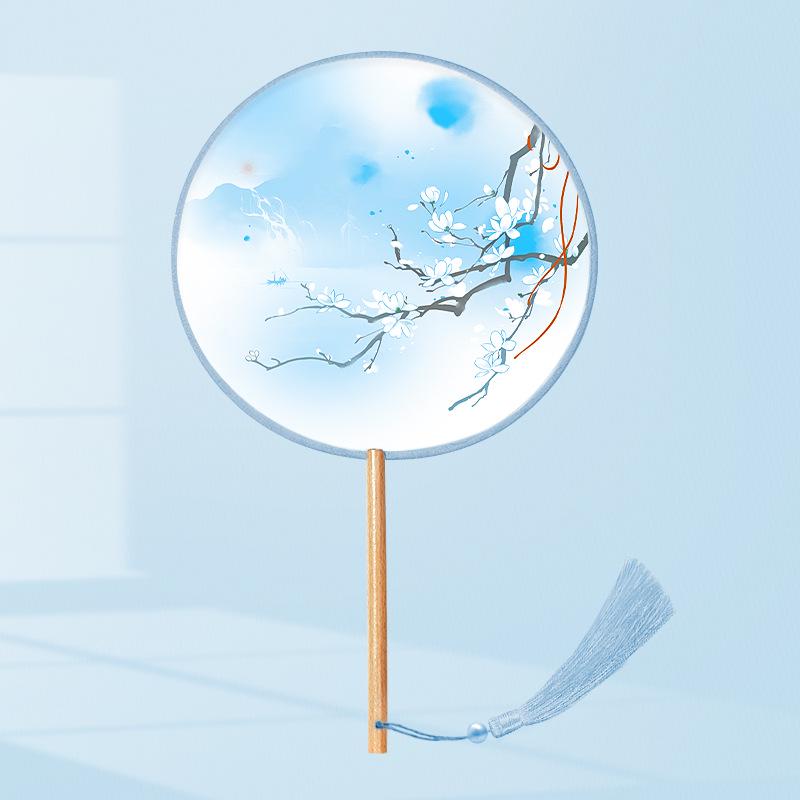 Girls' Summer Hanfu Dance Fan: Long Handle, Double-Sided Embroidered Round Fan for Traditional Costume
