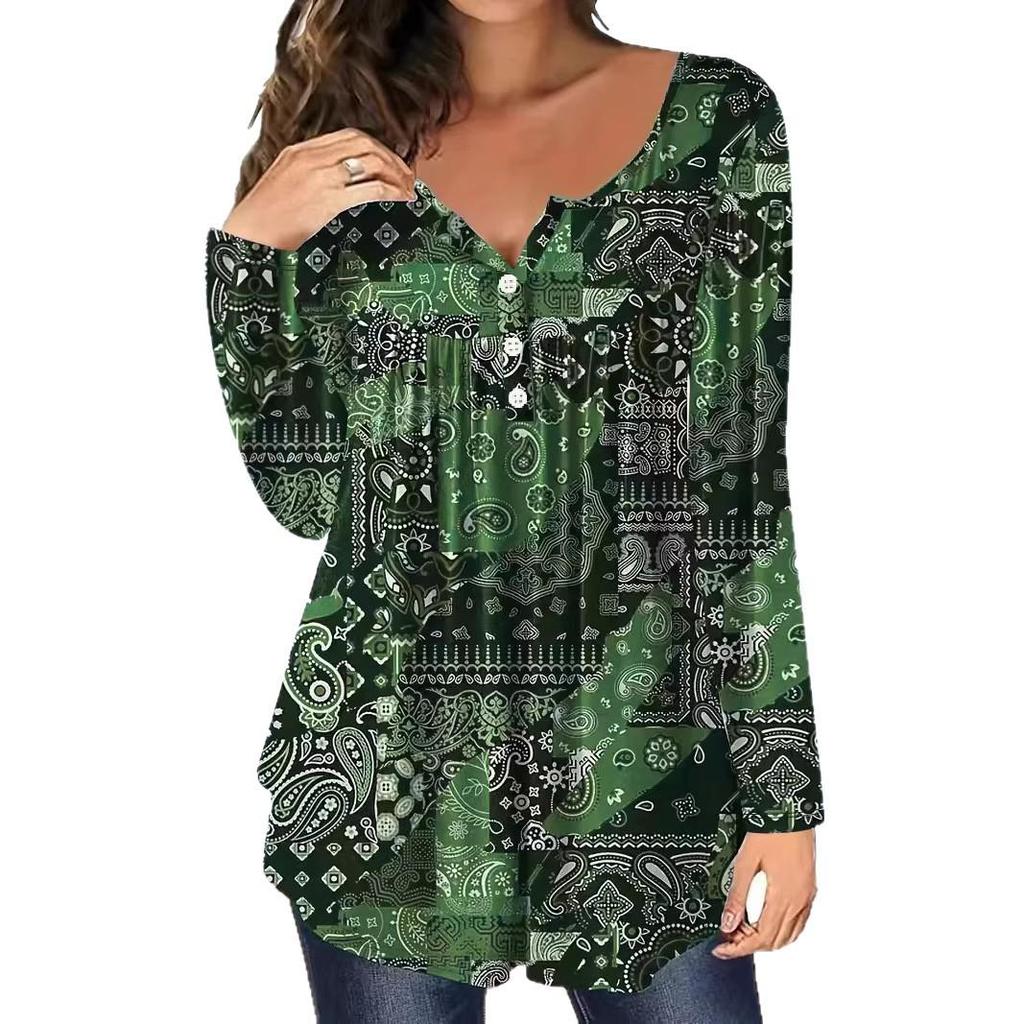 Elegant Plus Size Paisley V-Neck Button Top for Women