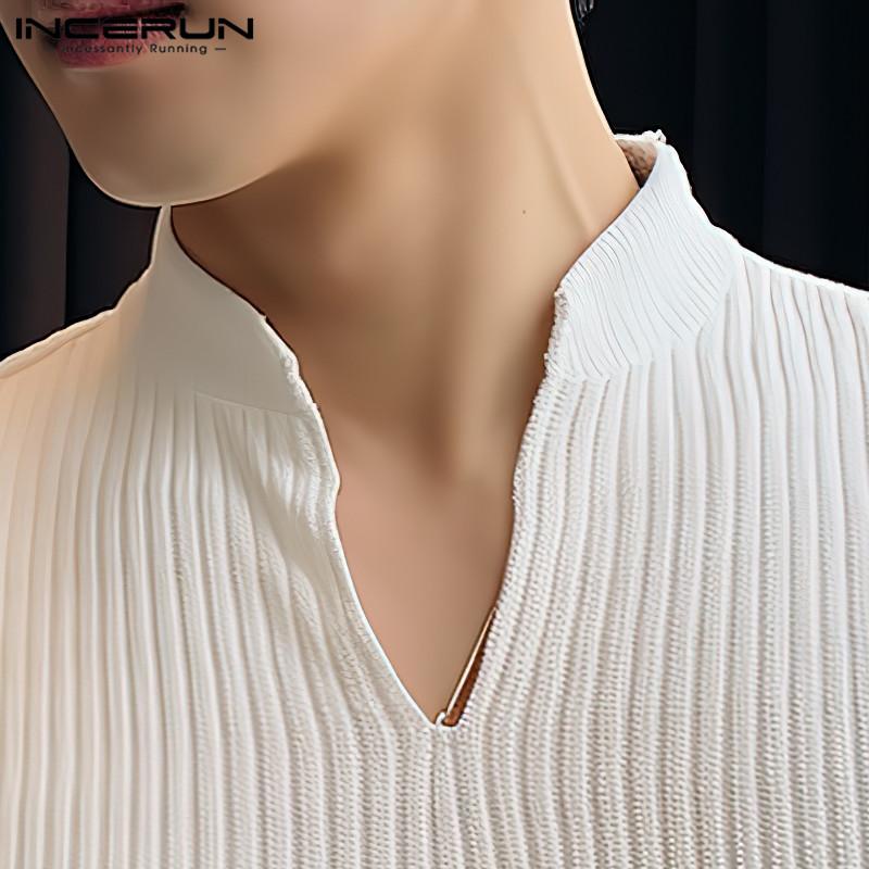 INCERUN Мужские футболки в полоску с коротким рукавом и V-образным вырезом — фото 3