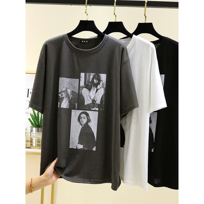 Korean Style Print T-shirt Women Summer round Neck Versatile Short sleeve Top Outer Wear Slimming Cotton Base Quick-Drying Sweatshirts