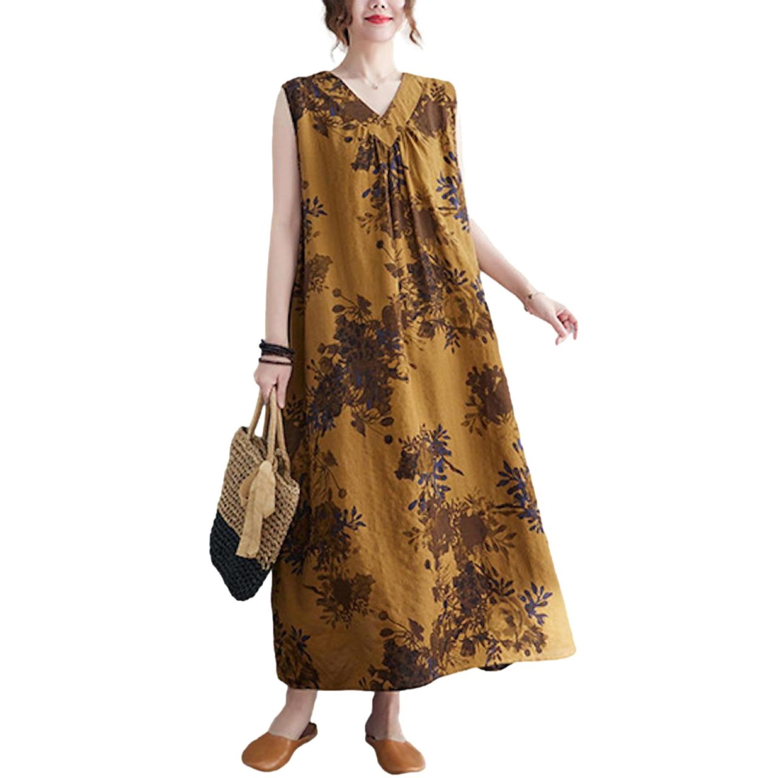 

J-Scott Long Dress, Floral Print, A-Line Silhouette, 2-Way, Loose Fit, Brown, JS07-BR-2XL (Limited Stock)
