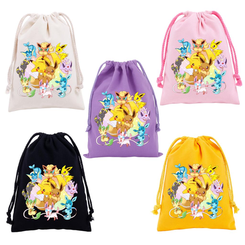 Pokemons Canvas Drawstring Bags Anime Figures Pikachu Eevee Gengar Cartoon Print Handbags Kids Birthday Party Candy Gift Bag