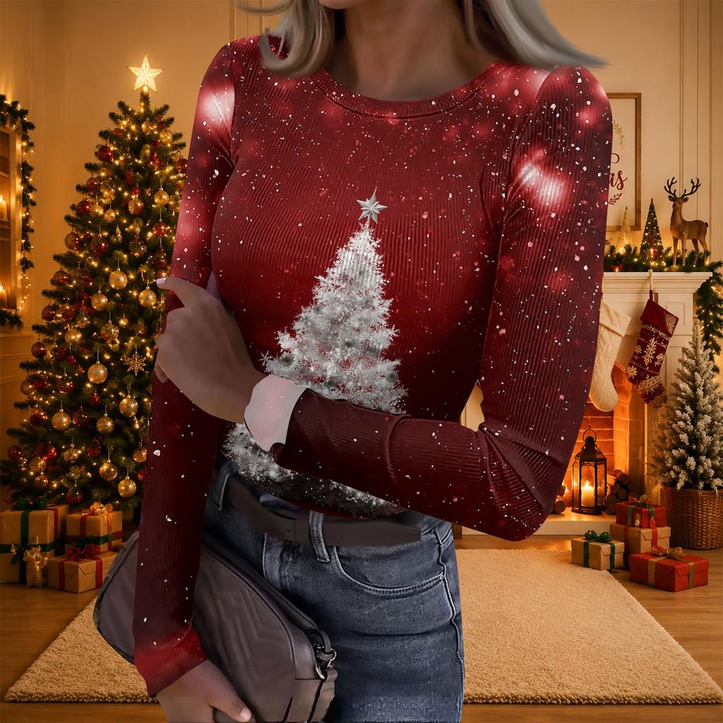 Women's Casual Christmas Print Long Sleeve Ribbed Knit Top with Round Neck