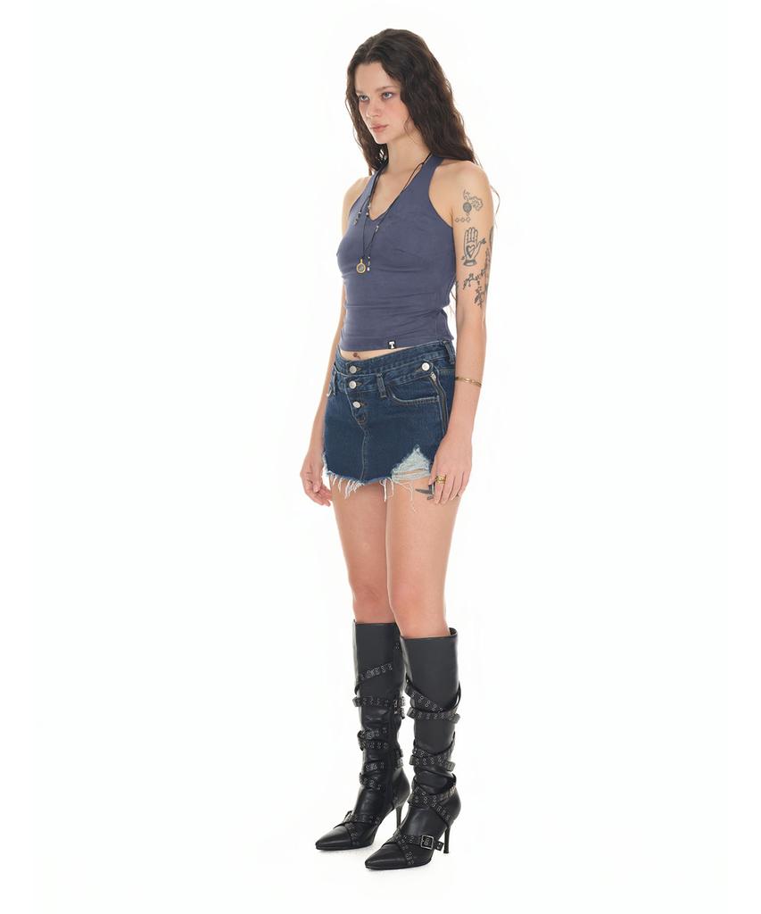 Too Much Tax Layered Waist Denim Skirt Pants Blue