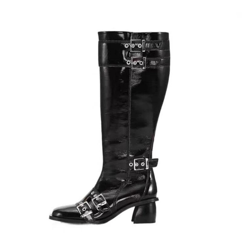 Fashion Brand Design Belt Buckle Decoration Black Knee High Boots Autumn Winter Fashion Round Head Spicy Girl Sexy Women Long Boots 43