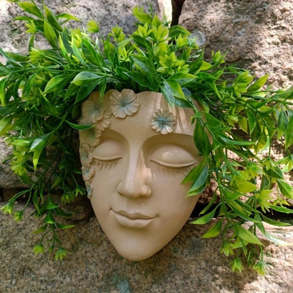 Durable Funny Face Sculpture Planter Resin Craft Handmade Head Wall Planter Cute Girl Face Flowerpot Home Decor