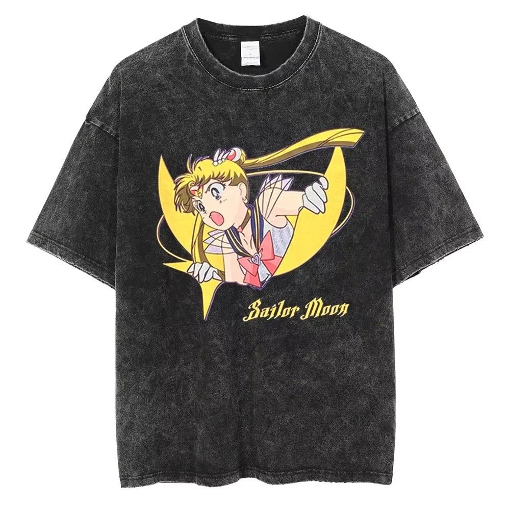 MINISO Maglietta Lavata Stampata Anime Sailor Moon Estate Nuova Cotone Uomo e Donna Larga Casual Retro Trendy Manica Corta Top