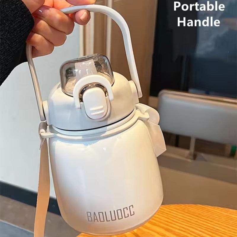 650ml Double Stainless Steel Thermos Mug with Straw Portable Vacuum Flasks with Strap Fashion Cute Thermal Bottle Tumbler