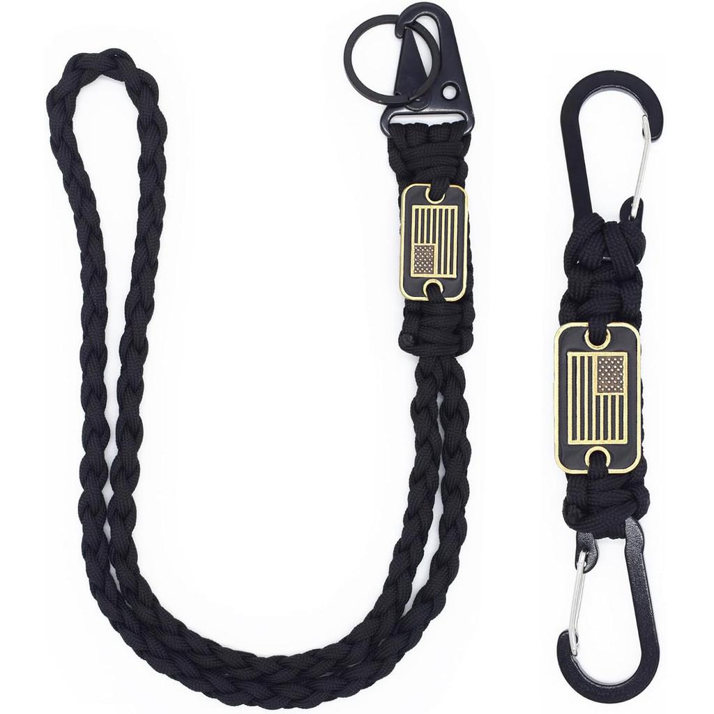 2 Pcs Heavy Duty Paracord Lanyard Necklace 550 Braided Keychain with USA Flag Parachute Rope for Outdoor Camping Hiking Keys