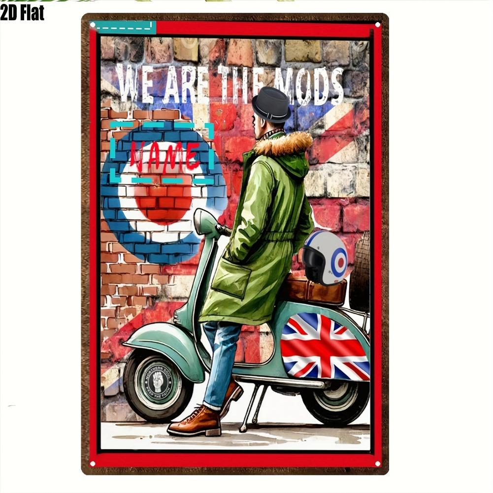 

2D Flat, Vintage Mods-Themed Metal Sign - 8x12 Inch | Retro Green Jacket Rider on Scooter with Union Jack Design 20x30cm（7.8x11.8inch）