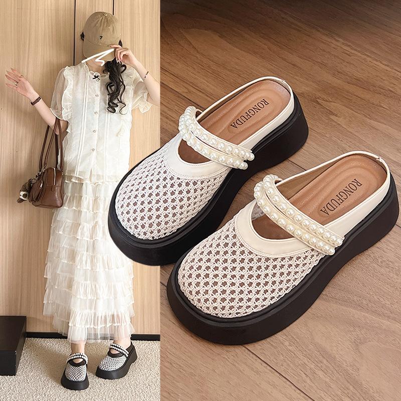 Woven bag head slippers women's summer sandals 2025 new thick-soled Mary Jane shoes hollow hole shoes