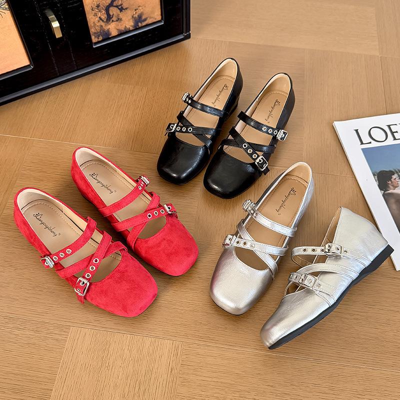 Spring 2025 new cross-band height-increasing Mary Jane single shoes ballet square head flat bottom versatile Mary Jane shoes
