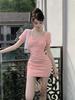 Korean college style fake two-piece slim-fit dress women's summer spice girl niche pleated waist and thin hip skirt