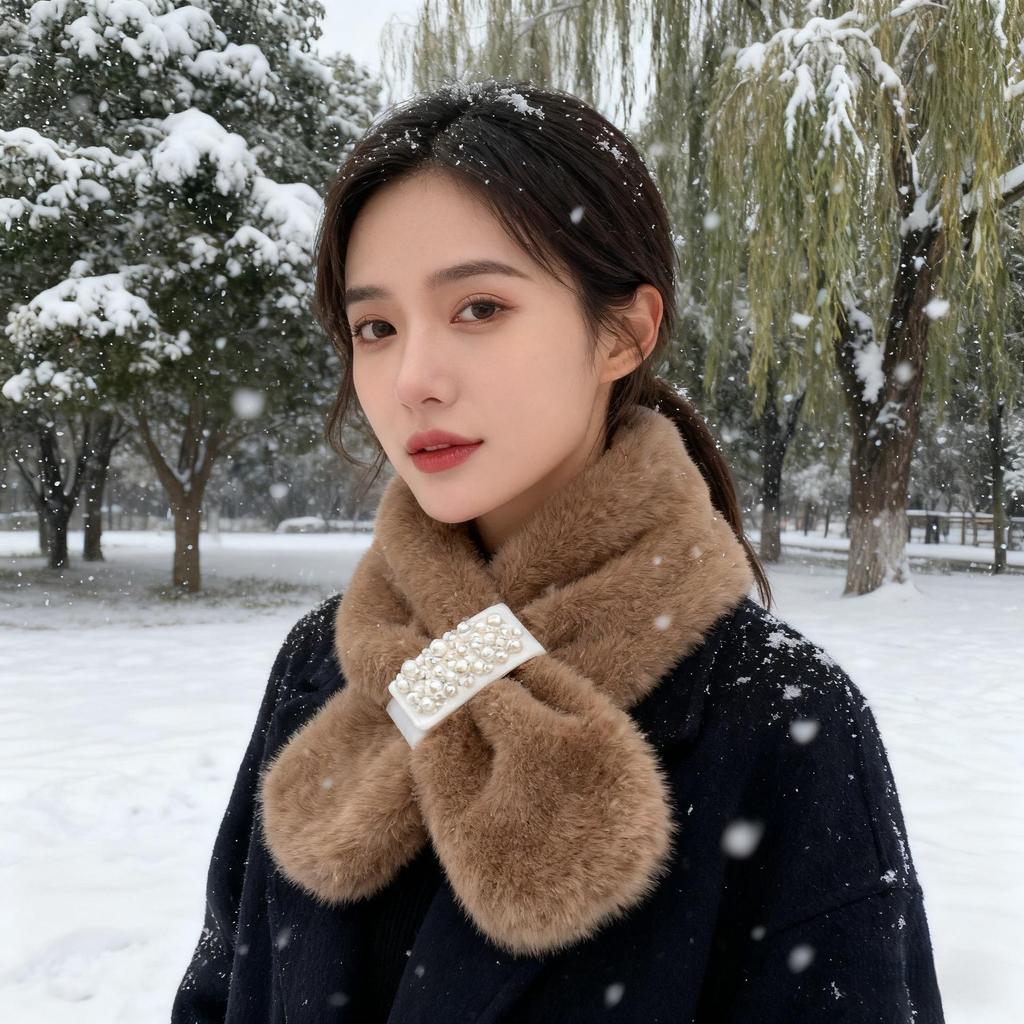 Japanese-Style Autumn/Winter Pearl Plush Neck Warmer: Imitation Mink Fur Scarf for Girls, Thickened Cross Design, Fresh & Sweet