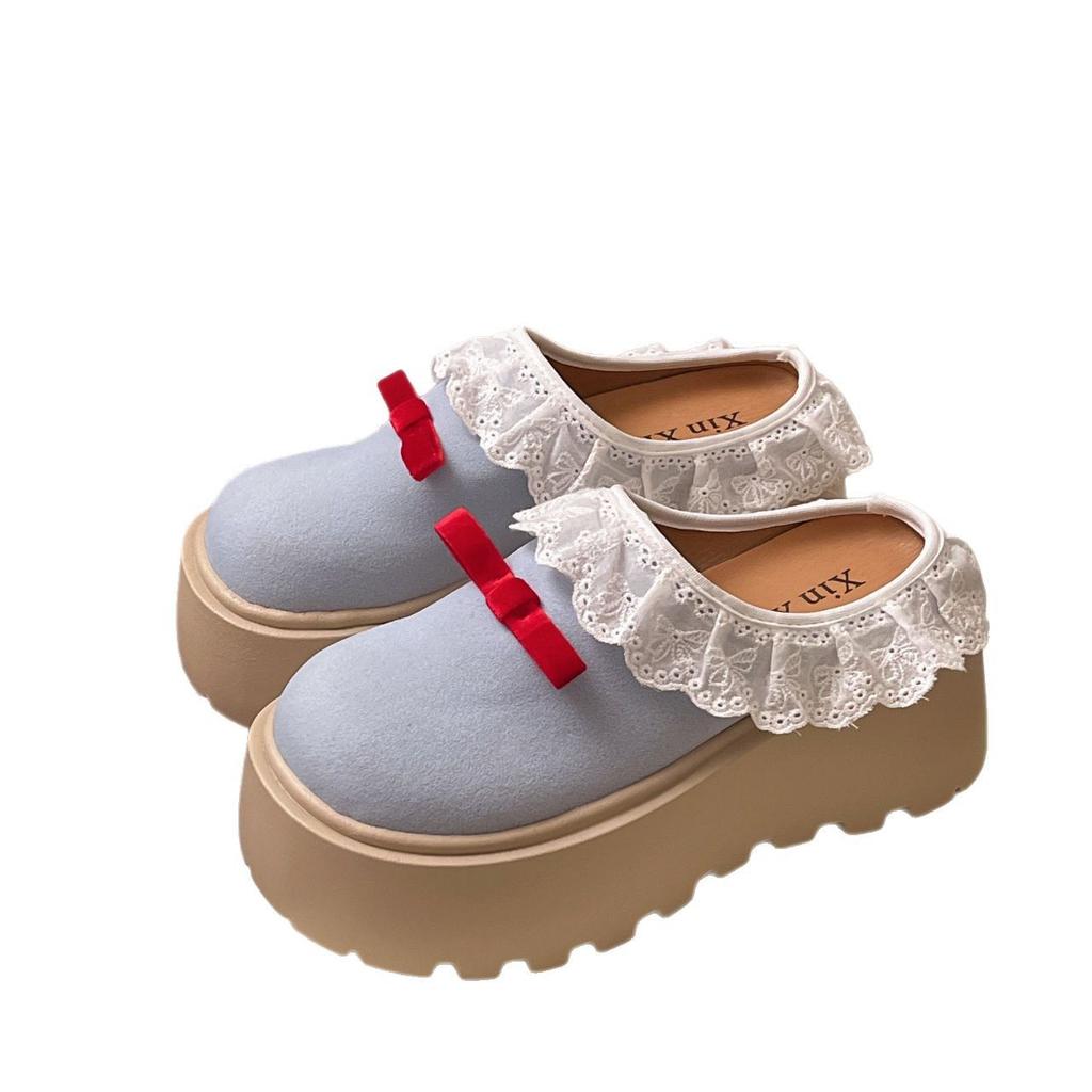 2025 Spring Bow Bag Head Half Slippers Women's New Platform Lace Edge Loafers Heightening Versatile Muffin Shoes