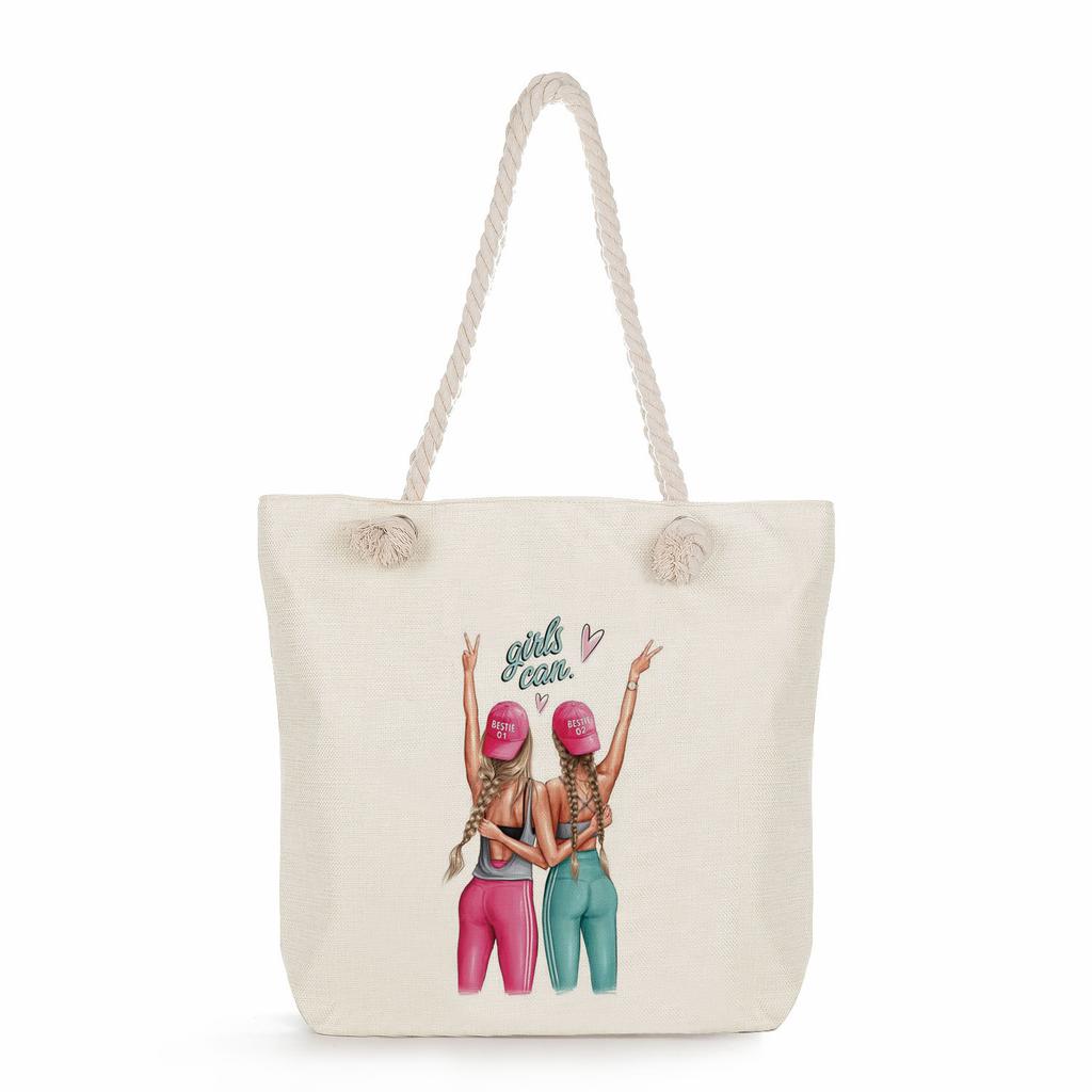 Sisters Print Thick Rope Single-shoulder Beach Bag 7275 CLE