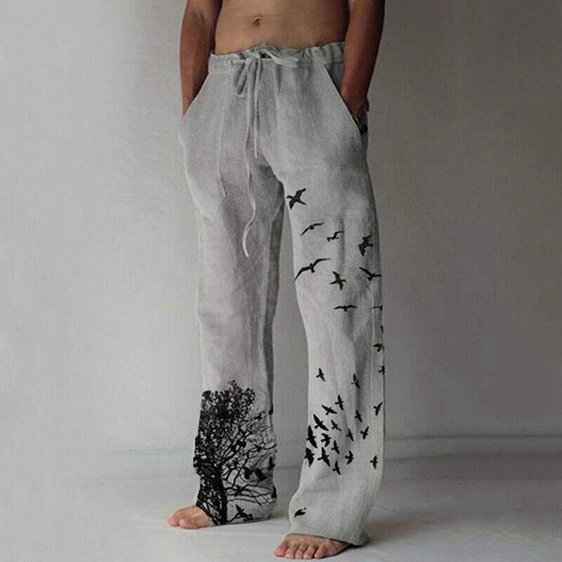 

Scenery Printed Casual Trousers Mens Loose Pants Beach Hippy Long Cotton Linen