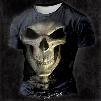 Camiseta masculina com estampa 3D gótica e caveira escura, camiseta casual de festa na rua, manga curta, gola redonda, roupa de verão e primavera