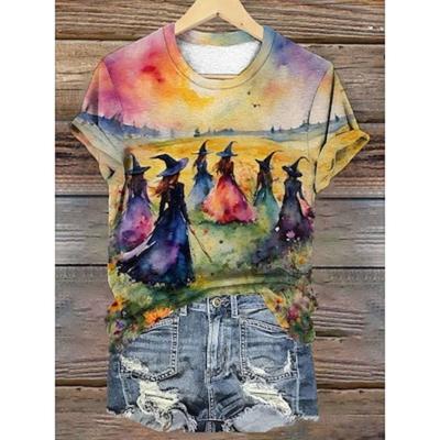 Women's T Shirt Tee PrintHalloween Witch Stylish Casual Short Sleeve Crew Neck Yellow Summer