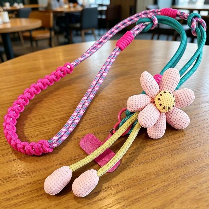 1Pcs Cute Flower Decor Adjustable Phone Lanyard Durable Braided Strap For Daily Outing Shopping Travel Anti Lost Accessory