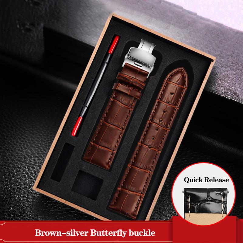 Leather Watchband Black Blue Cowhide Strap Butterfly Buckle Fits All Brands of Watches Men Women 12/14/15/16/18/19/20/22/23mm