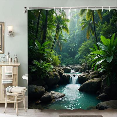 Vibrant Tropical Rainforest Shower Curtain - 70x70In, Durable Polyester, Machine Washable, 12 Hooks, Refreshing Bath Decor