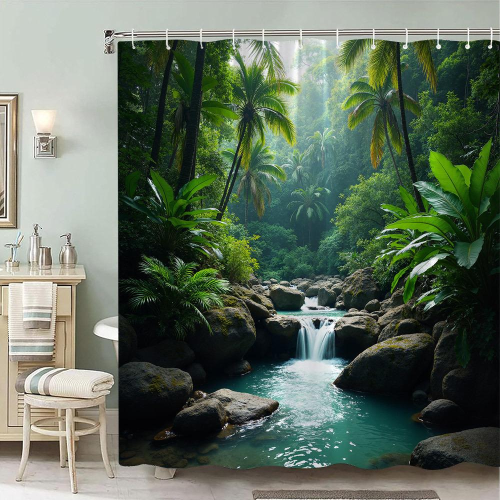 

Vibrant Tropical Rainforest Shower Curtain - 70x70In, Durable Polyester, Machine Washable, 12 Hooks, Refreshing Bath Decor W90XH180cm