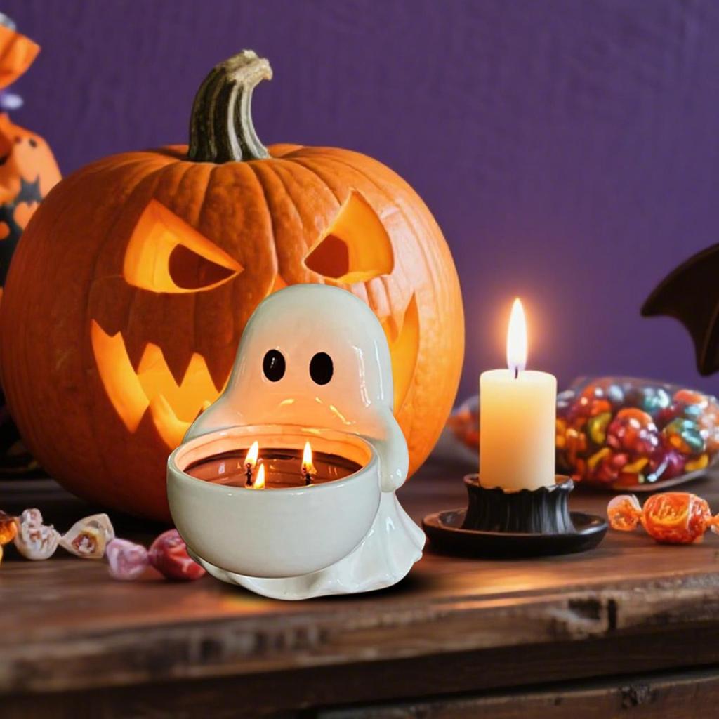 2025New Halloween Ghost Candle Holder Ceramic Candlestick Holder Spooky Decoration Gothic Tabletop Centerpiece for Party Bedroom