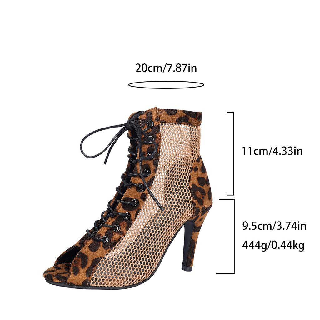 Sexy hollow mesh high heel cool boots summer women lace-up leopard print fine heel fish mouth sandals