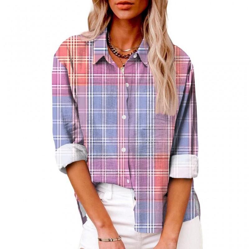 Womens Relaxed Fit Long Sleeve Shirt With 3D Digital Print Plaid Casual Cotton Linen Blouse